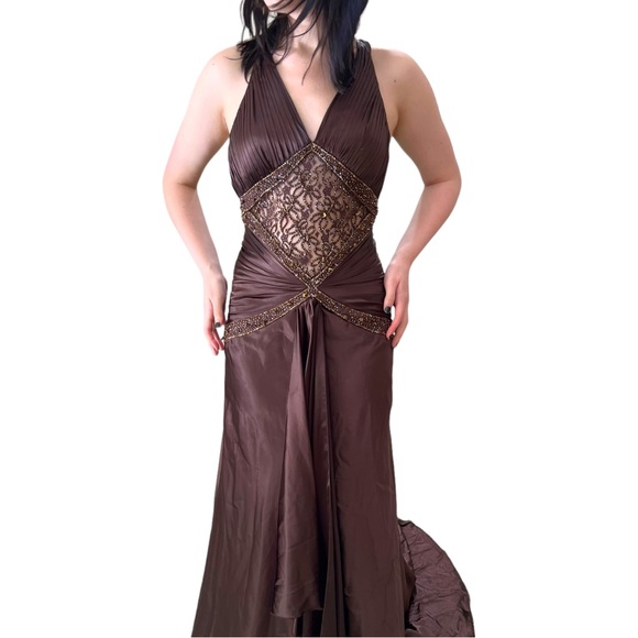 ALYCE DESIGNS Chocolate Brown Satin Formal Gown With Train and Cutout Midriff - Picture 5 of 16